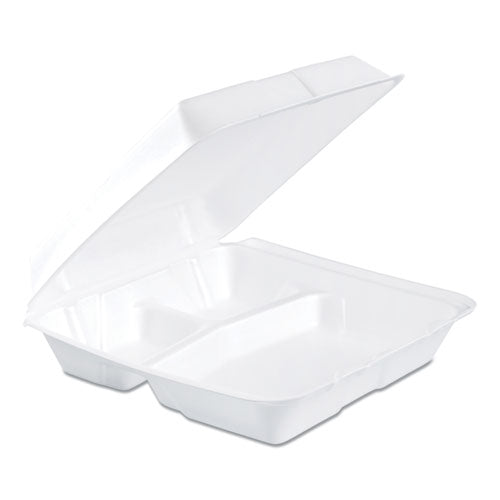 Foam Hinged Lid Containers, 3-Compartment, 9.25 x 9.5 x 3, White, 200/Carton-(DCC95HT3R)