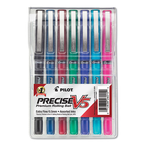 Precise V5 Roller Ball Pen, Stick, Extra-Fine 0.5 mm, Assorted Ink and Barrel Colors, 7/Pack-(PIL26015)