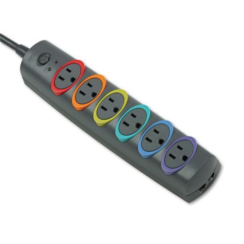 SmartSockets Color-Coded Strip Surge Protector, 6 AC Outlets, 8 ft Cord, 1,260 J, Black-(KMW62144)