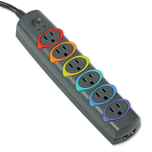 SmartSockets Color-Coded Strip Surge Protector, 6 AC Outlets, 7 ft Cord, 945 J, Black-(KMW62147)