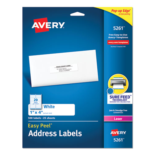 Easy Peel White Address Labels w/ Sure Feed Technology, Laser Printers, 1 x 4, White, 20/Sheet, 25 Sheets/Pack-(AVE5261)