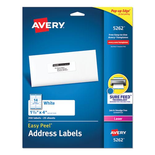 Easy Peel White Address Labels w/ Sure Feed Technology, Laser Printers, 1.33 x 4, White, 14/Sheet, 25 Sheets/Pack-(AVE5262)