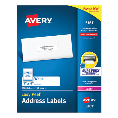 Easy Peel White Address Labels w/ Sure Feed Technology, Laser Printers, 1 x 4, White, 20/Sheet, 100 Sheets/Box-(AVE5161)