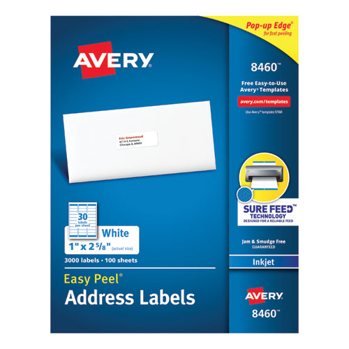 Easy Peel White Address Labels w/ Sure Feed Technology, Inkjet Printers, 1 x 2.63, White, 30/Sheet, 100 Sheets/Box-(AVE8460)