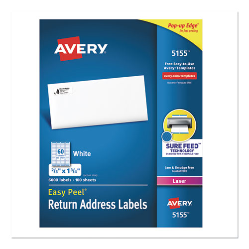 Easy Peel White Address Labels w/ Sure Feed Technology, Laser Printers, 0.66 x 1.75, White, 60/Sheet, 100 Sheets/Pack-(AVE5155)