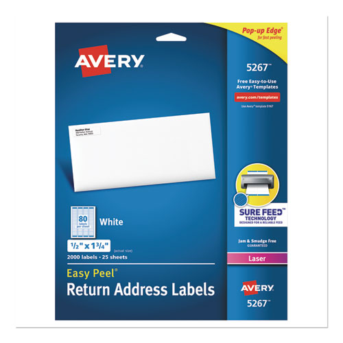 Easy Peel White Address Labels w/ Sure Feed Technology, Laser Printers, 0.5 x 1.75, White, 80/Sheet, 25 Sheets/Pack-(AVE5267)