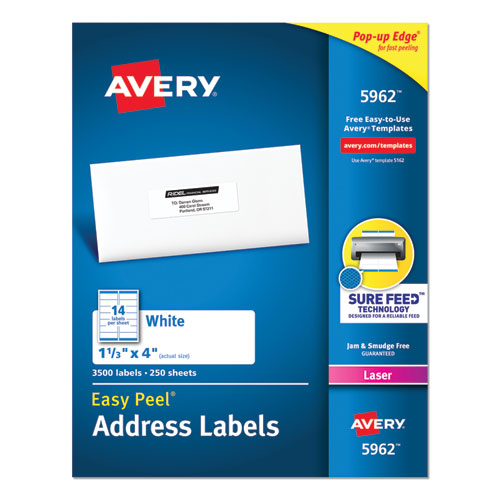 Easy Peel White Address Labels w/ Sure Feed Technology, Laser Printers, 1.33 x 4, White, 14/Sheet, 250 Sheets/Box-(AVE5962)