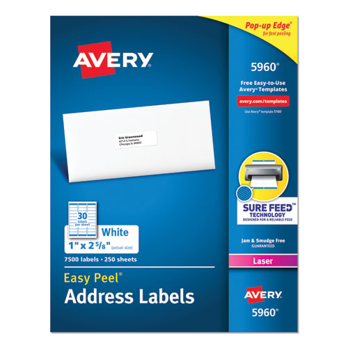 Easy Peel White Address Labels w/ Sure Feed Technology, Laser Printers, 1 x 2.63, White, 30/Sheet, 250 Sheets/Pack-(AVE5960)