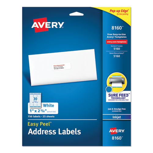 Easy Peel White Address Labels w/ Sure Feed Technology, Inkjet Printers, 1 x 2.63, White, 30/Sheet, 25 Sheets/Pack-(AVE8160)