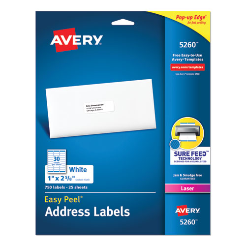 Easy Peel White Address Labels w/ Sure Feed Technology, Laser Printers, 1 x 2.63, White, 30/Sheet, 25 Sheets/Pack-(AVE5260)