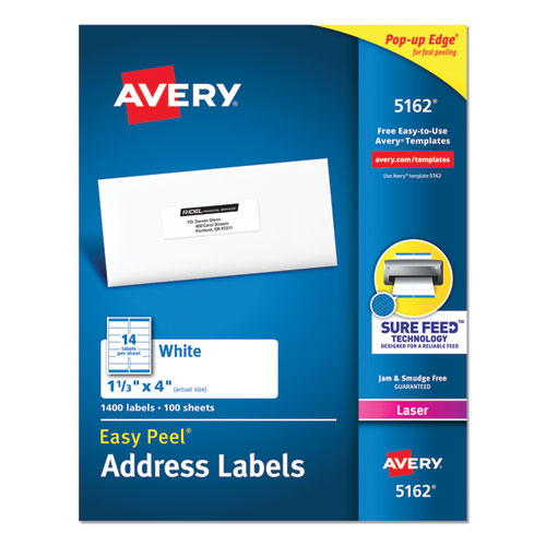 Easy Peel White Address Labels w/ Sure Feed Technology, Laser Printers, 1.33 x 4, White, 14/Sheet, 100 Sheets/Box-(AVE5162)