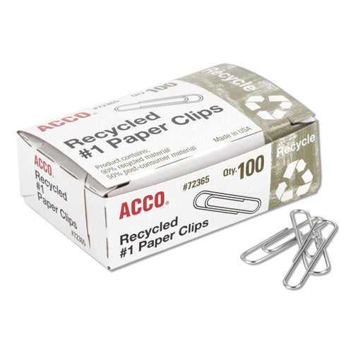 Recycled Paper Clips, #1, Smooth, Silver, 100 Clips/Box, 10 Boxes/Pack-(ACC72365)