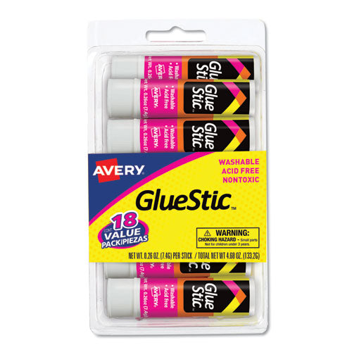 Permanent Glue Stic Value Pack, 0.26 oz, Applies White, Dries Clear, 18/Pack-(AVE98089)