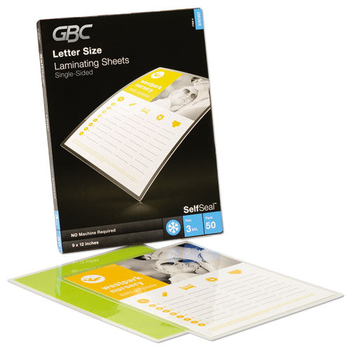 SelfSeal Self-Adhesive Laminating Pouches and Single-Sided Sheets, 3 mil, 9" x 12", Gloss Clear, 50/Pack-(GBC3747307)