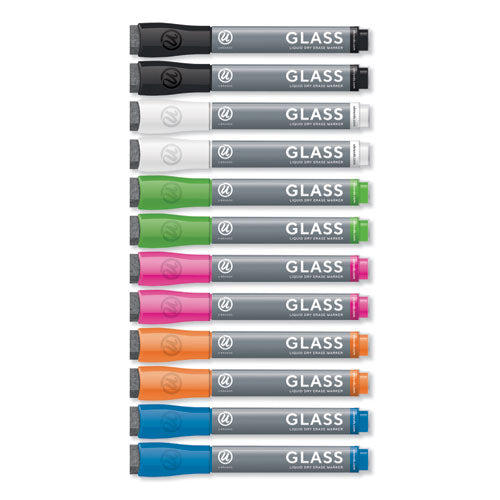 Bullet Tip Low-Odor Liquid Glass Markers with Erasers, Broad Bullet Tip, Assorted Colors, 12/Pack-(UBR2913U0012)