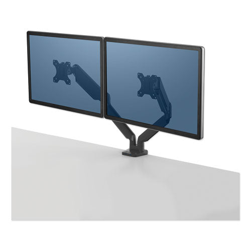 Platinum Series Dual Monitor Arm for 27" Monitors, 360 deg Rotation, +85 deg/-20 deg Tilt, 360 deg Pan, Black, Supports 20 lb-(FEL8042501)