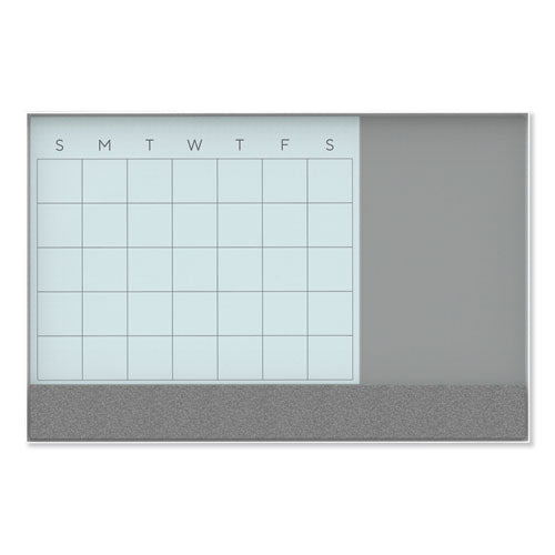 3N1 Magnetic Glass Dry Erase Combo Board, Monthly Calendar, 36 x 24, White/Gray Surface, White Aluminum Frame-(UBR3197U0001)