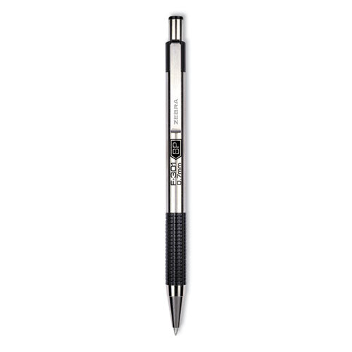 F-301 Ballpoint Pen, Retractable, Bold 1.6 mm, Black Ink, Stainless Steel/Black Barrel, 2/Pack-(ZEB27312)