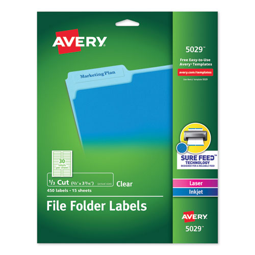 Clear Permanent File Folder Labels with Sure Feed Technology, 0.66 x 3.44, Clear, 30/Sheet, 15 Sheets/Pack-(AVE5029)