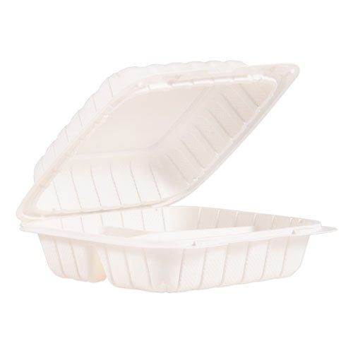 ProPlanet Hinged Lid Containers, 3-Compartment, 8.3 x 8 x 3, White, Plastic, 150/Carton-(DCC85MFPPHT3)