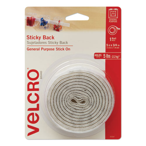 Sticky-Back Fasteners with Dispenser, Removable Adhesive, 0.75" x 5 ft, White-(VEK90087)