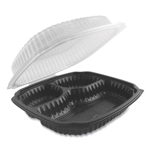 Culinary Lites Microwavable 3-Compartment Container, 20 oz/5 oz/ 5 oz, 9 x 9 x 3.13, Clear/Black, Plastic, 100/Carton-(ANZ4699931)