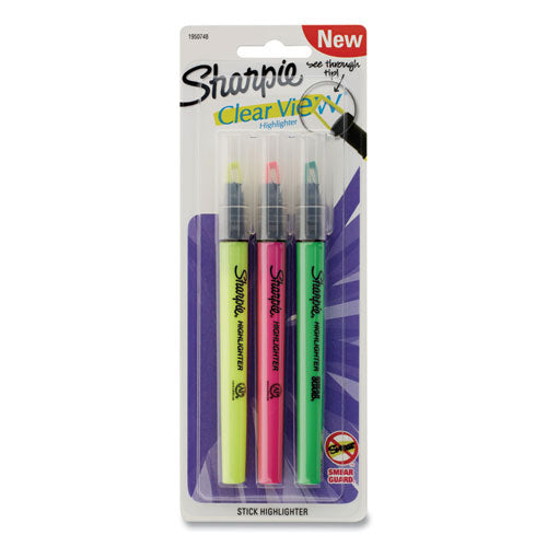 Clearview Pen-Style Highlighter, Assorted Ink Colors, Chisel Tip, Assorted Barrel Colors, 3/Pack-(SAN1950748)