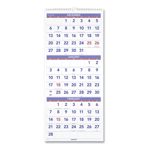 Deluxe Three-Month Reference Wall Calendar, Vertical Orientation, 12 x 27, White Sheets, 14-Month (Dec to Jan): 2022 to 2024-(AAGPM1128)