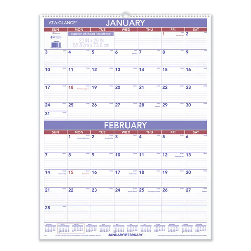 Two-Month Wall Calendar, 22 x 29, White/Blue/Red Sheets, 12-Month (Jan to Dec): 2023-(AAGPM928)