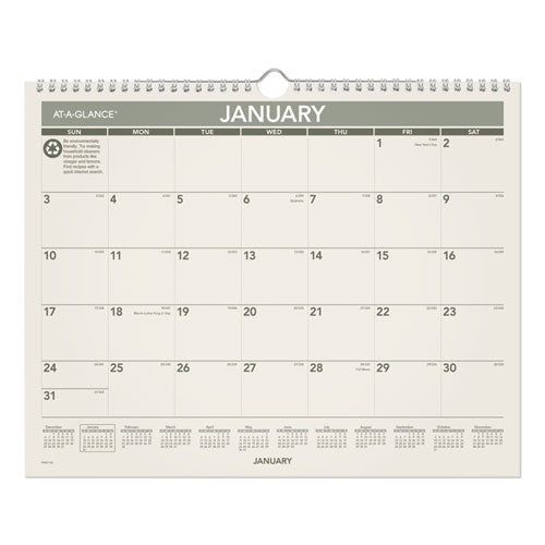 Recycled Wall Calendar, Unruled Blocks, 15 x 12, Sand/Green Sheets, 12-Month (Jan to Dec): 2023-(AAGPMG7728)