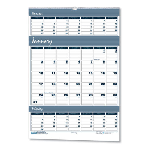 Bar Harbor Recycled Wirebound 3-Months-per-Page Wall Calendar, 15.5 x 22, White/Blue/Gray Sheets, 14-Month(Dec-Jan):2022-2024-(HOD343)