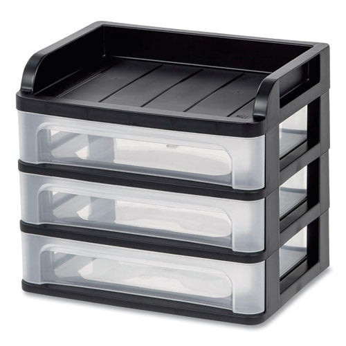 Medium Three-Drawer Desktop Storage, 3 Sections, Letter Size Files, 14.25 x 11.88 x 11.25, Black/Clear-(IRS150181)