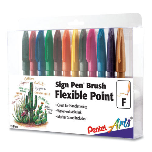 Sign Pen Brush Flexible Point Marker Pen, Fine Brush Tip, Assorted Colors, Dozen-(PENSES15CPC12)