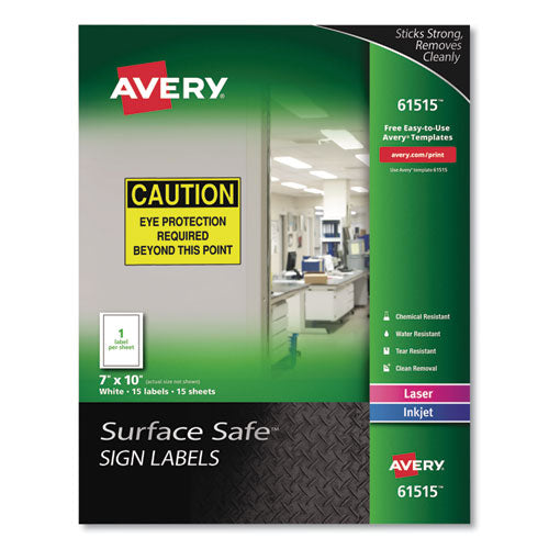 Surface Safe Removable Label Safety Signs, Inkjet/Laser Printers, 7 x 10, White, 15/Pack-(AVE61515)