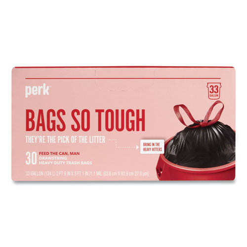 Drawstring Heavy-Duty Trash Bags, 33 gal, 1.1 mil, 37" x 33", Black, 30/Box-(PRK24377879)