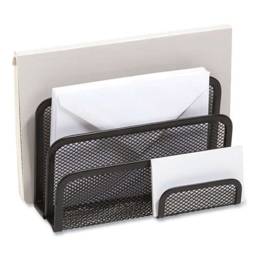 Wire Mesh Mail Sorter with Business Card Holder, 4 Sections, #6 1/4 to #16 Envelopes, 5.59 x 3.93 x 7.55, Matte Black-(TUD24402451)