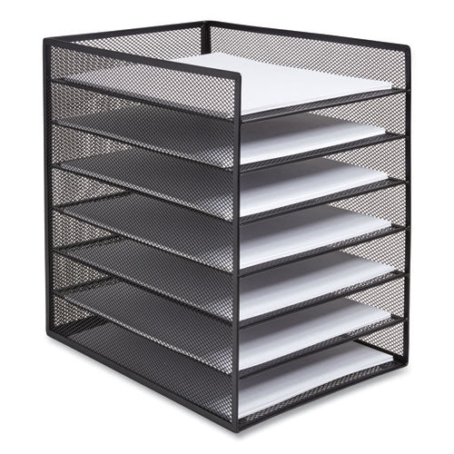 Front-Load Enclosed Wire Mesh Horizontal Document Organizer, 6 Sections, Letter-Size, 9.25 x 13.38 x 13.38, Matte Black-(TUD24402482)