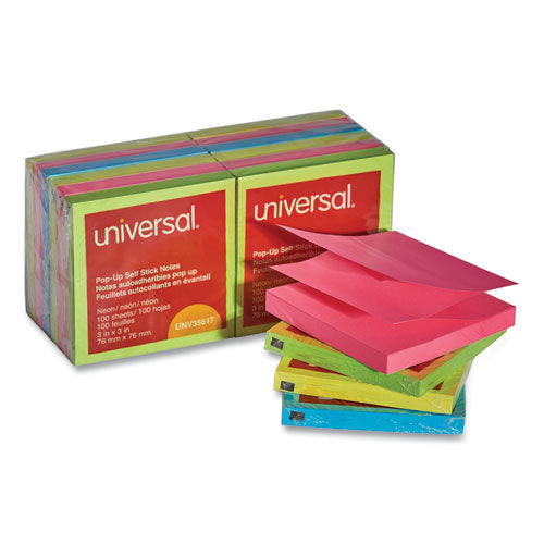 Fan-Folded Self-Stick Pop-Up Note Pads, 3" x 3", Assorted Neon Colors, 100 Sheets/Pad, 12 Pads/Pack-(UNV35617)