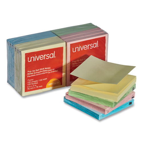 Fan-Folded Self-Stick Pop-Up Note Pads, 3" x 3", Assorted Pastel Colors, 100 Sheets/Pad, 12 Pads/Pack-(UNV35619)