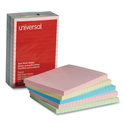 Self-Stick Note Pads, Note Ruled, 4" x 6", Assorted Pastel Colors, 100 Sheets/Pad, 5 Pads/Pack-(UNV35616)