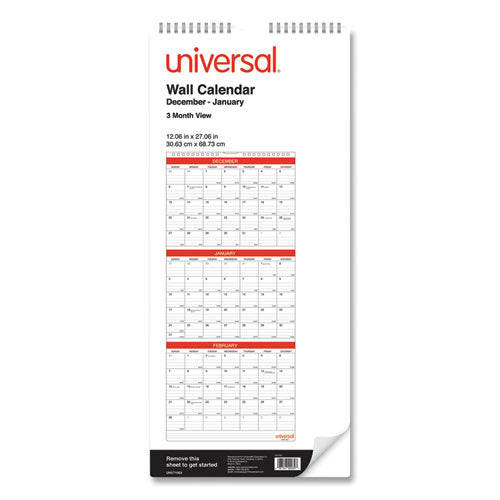 3-Month Wall Calendar, 12 x 27, White/Black/Red Sheets, 14-Month, Dec 2022 through Jan 2024-(UNV71003)