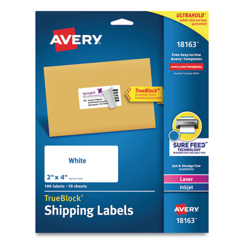 Shipping Labels w/ TrueBlock Technology, Inkjet Printers, 2 x 4, White, 10/Sheet, 10 Sheets/Pack-(AVE18163)