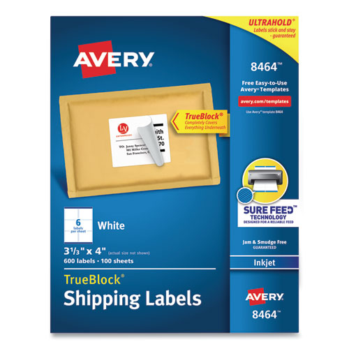 Shipping Labels w/ TrueBlock Technology, Inkjet Printers, 3.33 x 4, White, 6/Sheet, 100 Sheets/Box-(AVE8464)