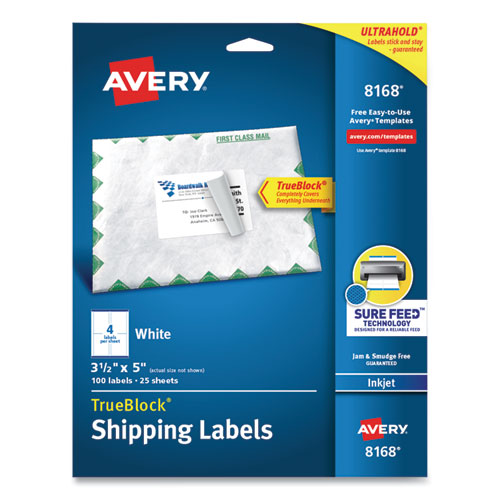 Shipping Labels w/ TrueBlock Technology, Inkjet Printers, 3.5 x 5, White, 4/Sheet, 25 Sheets/Pack-(AVE8168)