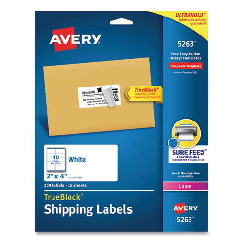 Shipping Labels w/ TrueBlock Technology, Laser Printers, 2 x 4, White, 10/Sheet, 25 Sheets/Pack-(AVE5263)