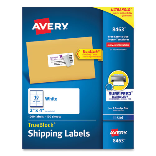 Shipping Labels w/ TrueBlock Technology, Inkjet Printers, 2 x 4, White, 10/Sheet, 100 Sheets/Box-(AVE8463)