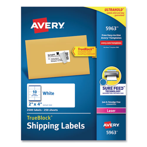 Shipping Labels w/ TrueBlock Technology, Laser Printers, 2 x 4, White, 10/Sheet, 250 Sheets/Box-(AVE5963)