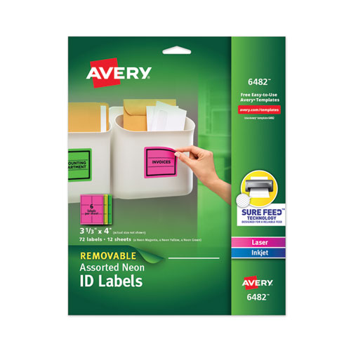 High-Vis Removable Laser/Inkjet ID Labels w/ Sure Feed, 3.33 x 4, Neon, 72/PK-(AVE6482)