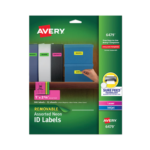 High-Vis Removable Laser/Inkjet ID Labels w/ Sure Feed, 1 x 2.63, Neon, 360/PK-(AVE6479)