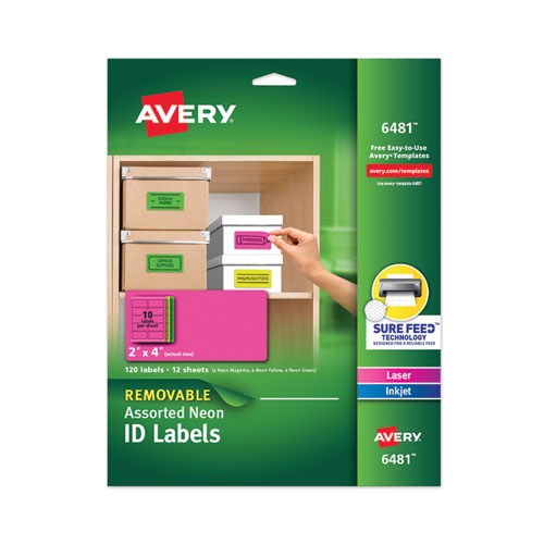 High-Vis Removable Laser/Inkjet ID Labels, 2 x 4, Asst. Neon, 120/Pack-(AVE6481)